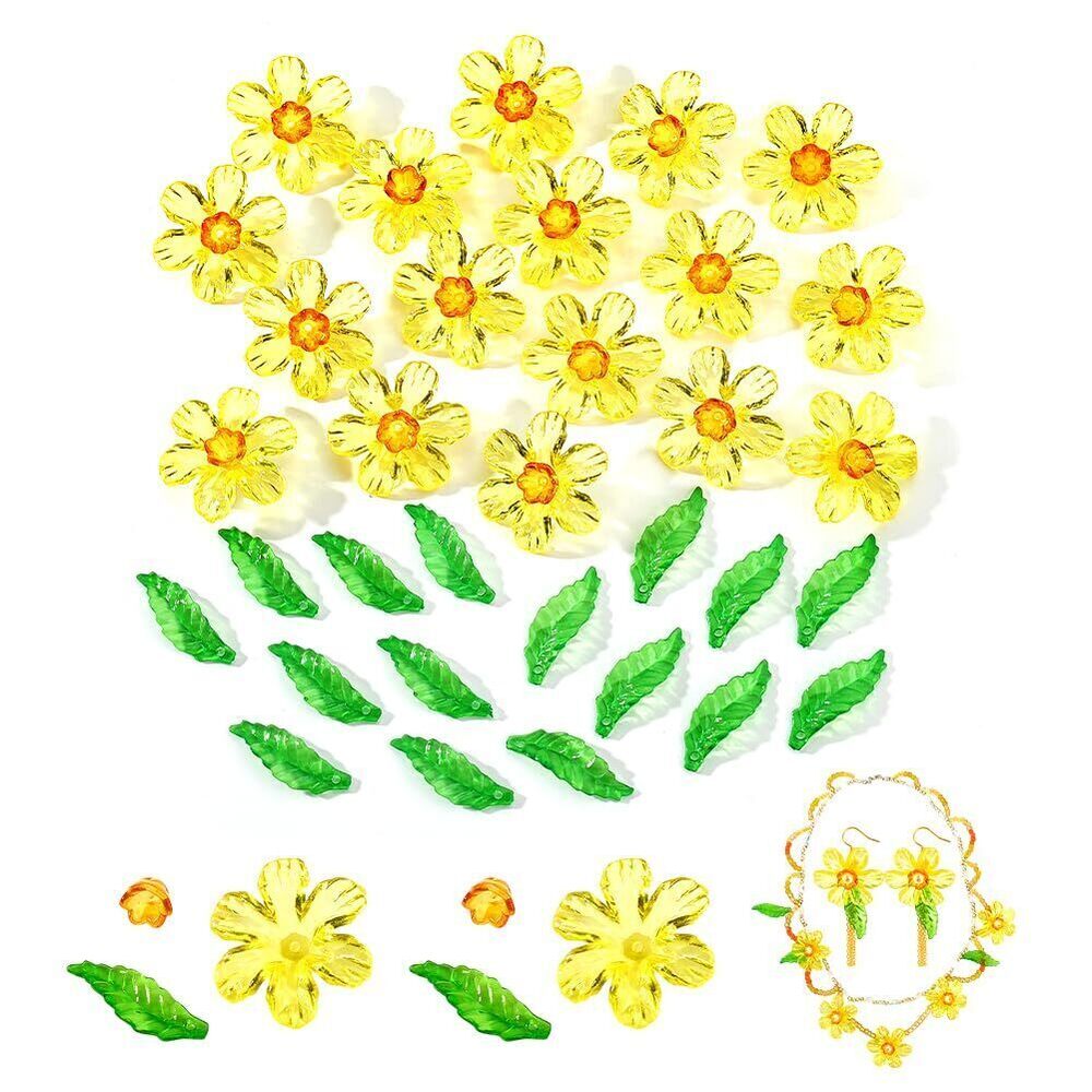 7213 300pcs Yellow Acrylic Flower Bead Caps Green Acrylic Leaf Charms, 3